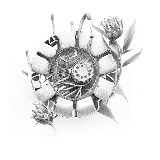 4 cogs linked with sweetpeas and protea tattoo design idea