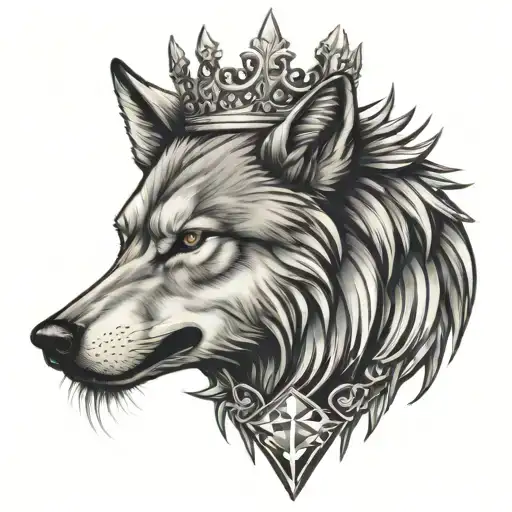 Aggressive wolf head tattoo, front, front, with diamond-set crown tattoo design idea