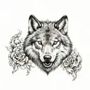 Aggressive wolf head tattoo, front, front, with diamond-set crown tattoo design idea