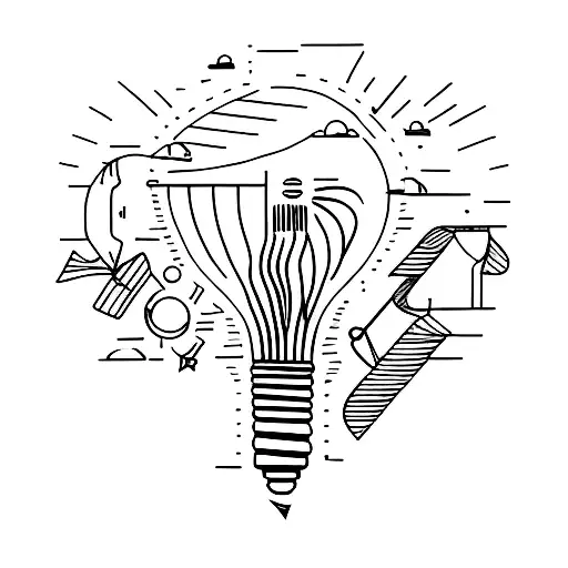 A minimalist tattoo of a piano key morphing into a brainstorming lightbulb tattoo design idea