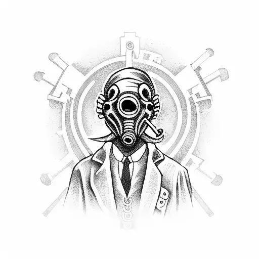 scary plague doctor over dead bodies with a girl in a gas mask tattoo design idea