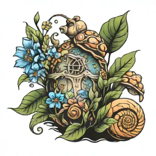 earthy fairy snails water and flowers growing tattoo design idea