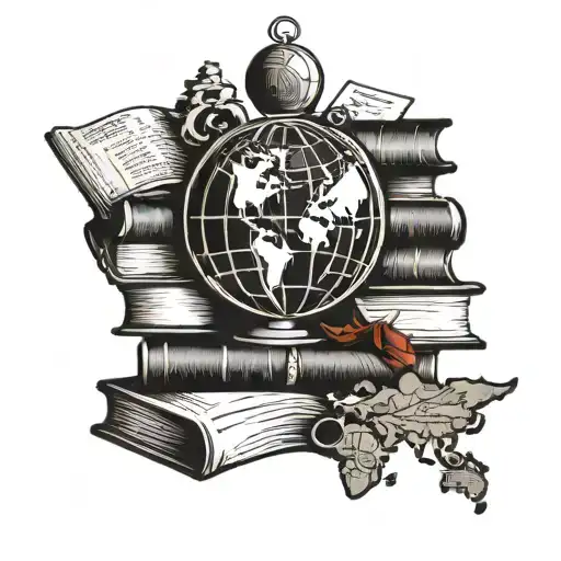 A traditional tattoo of a stack of books with a globe and compass, symbolizing the love for travel and reading tattoo design idea