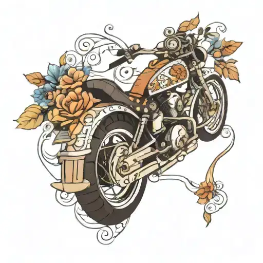 A neotraditional tattoo of a motorcycle with intricate floral and geometric patterns intertwined tattoo design idea