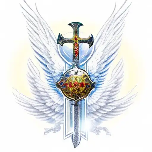 A dynamic scene of a warrior angel wielding a sword and shield, surrounded by intricate wings and a glowing Christian cross in the background tattoo design idea