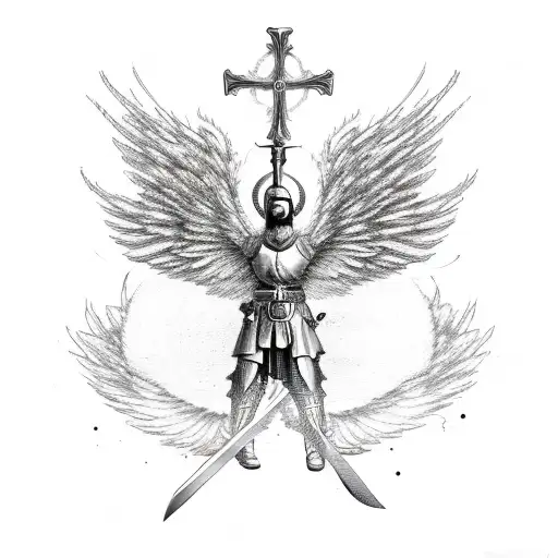 A dynamic scene of a warrior angel wielding a sword and shield, surrounded by intricate wings and a glowing Christian cross in the background tattoo design idea