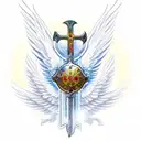 A dynamic scene of a warrior angel wielding a sword and shield, surrounded by intricate wings and a glowing Christian cross in the background tattoo design idea