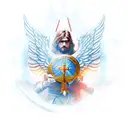 A dynamic scene of a warrior angel wielding a sword and shield, surrounded by intricate wings and a glowing Christian cross in the background tattoo design idea