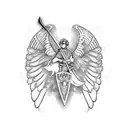 A dynamic scene of a warrior angel wielding a sword and shield, surrounded by intricate wings and a glowing Christian cross in the background tattoo design idea