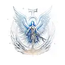 A dynamic scene of a warrior angel wielding a sword and shield, surrounded by intricate wings and a glowing Christian cross in the background tattoo design idea