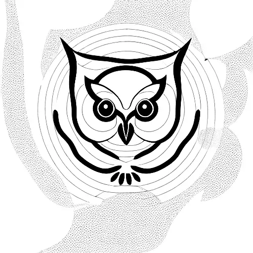 small minimallist tatoo ofa wise dangerous owl face, an airplane and a carp fish surrounding in circles, and a lotus as  tattoo design idea