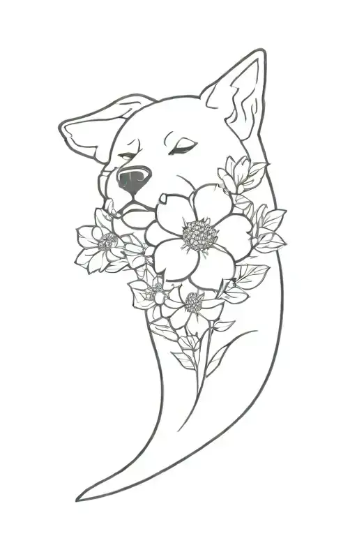 A minimalist tattoo of a bouquet of your favorite flowers with a subtle silhouette of an American Akita in the background, symbolizing your passion for both flowers and your pet tattoo design idea