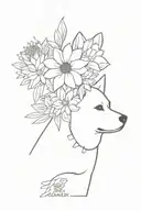 A minimalist tattoo of a bouquet of your favorite flowers with a subtle silhouette of an American Akita in the background, symbolizing your passion for both flowers and your pet tattoo design idea