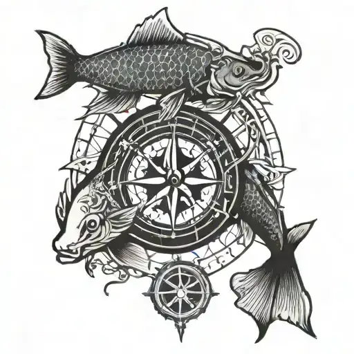 koi fish and viking compass with runes tattoo design idea