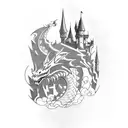 A mystical RPG-inspired landscape with a dragon perched on a castle tattoo design idea