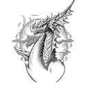 A mystical RPG-inspired landscape with a dragon perched on a castle tattoo design idea