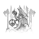 A mystical RPG-inspired landscape with a dragon perched on a castle tattoo design idea