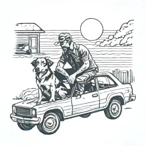sunset, son and father, mechanics, melanion dog, mx, car tattoo design idea
