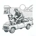 sunset, son and father, mechanics, melanion dog, mx, car tattoo design idea