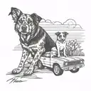 sunset, son and father, mechanics, melanion dog, mx, car tattoo design idea