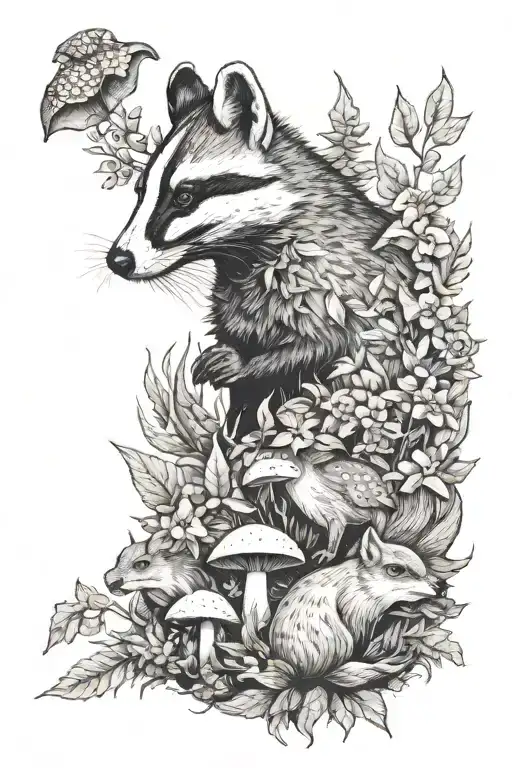 nature, animals, badger, fox, leaves, mushroom, flowers, squirrel, woods tattoo design idea