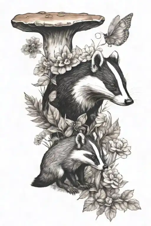 nature, animals, badger, fox, leaves, mushroom, flowers, squirrel, woods tattoo design idea