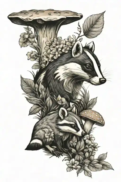 nature, animals, badger, fox, leaves, mushroom, flowers, squirrel, woods tattoo design idea