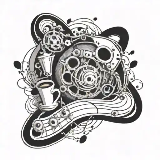 An abstract tattoo design incorporating coffee cup stains, guitar strings, anime eyes, motorcycle chains, and animal paw prints, creating a unique and personalized piece tattoo design idea
