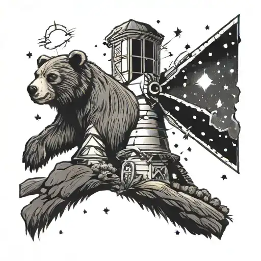bear and a windmill under stars  tattoo design idea