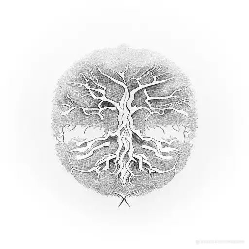 A world tree where the roots and the canopy merge in the shape of a dragon, the roots supporting a skull." tattoo design idea