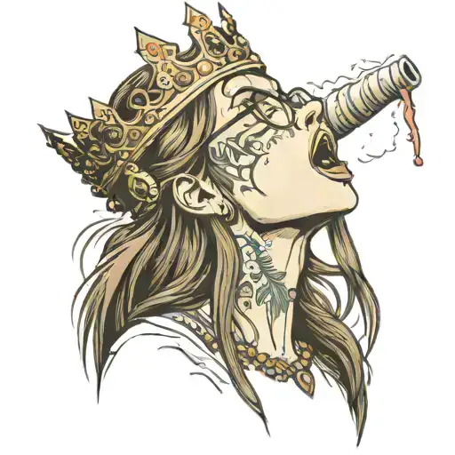 girl in profile, opens mouth, sticks out tongue, with glasses, long straight brown hair, big nose, sweaty, crown tattoo design idea