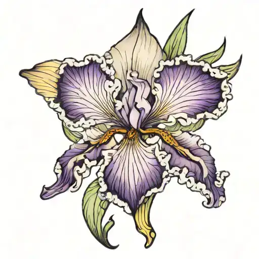 purple iris flower with a closed wing phoniex rising into the tree tattoo design idea