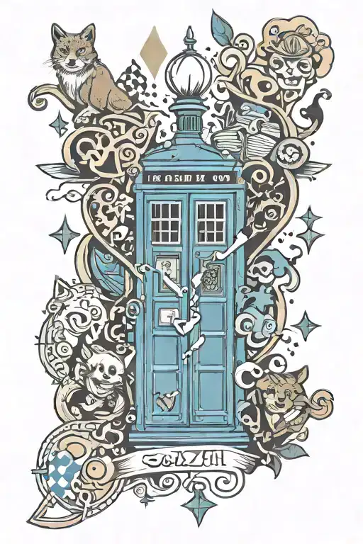 Indiana outline, Spades, clubs, hearts, diamonds, TARDIS, dog, cat, the words "Scalzitti" and "Reed" tattoo design idea