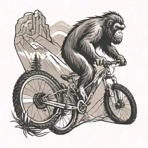 simple orangutan riding a mountain bike in the mountains tattoo design idea