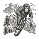 simple orangutan riding a mountain bike in the mountains tattoo design idea