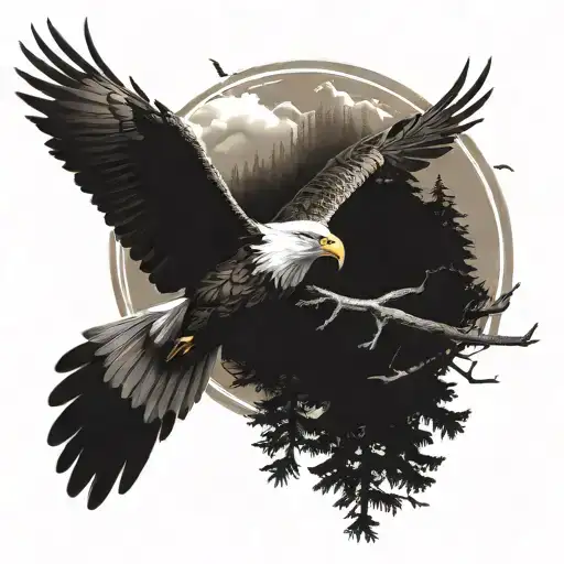 Create a tattoo of an eagle soaring above a forest landscape with a guitar in its talons, representing a love for music and the great outdoors tattoo design idea