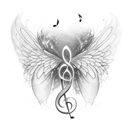 A music note intertwined with delicate fairy wings tattoo design idea