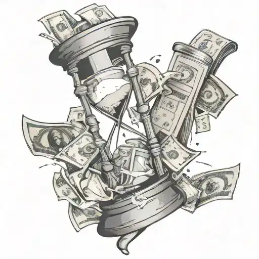 hourglass with money notes and coins falling inside tattoo design idea