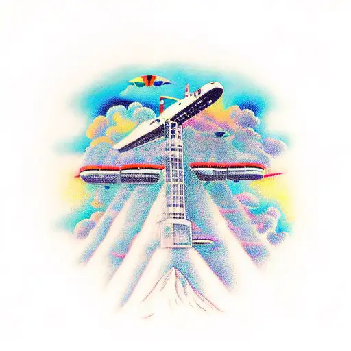 Air traffic control tower with a colorful twist tattoo design idea