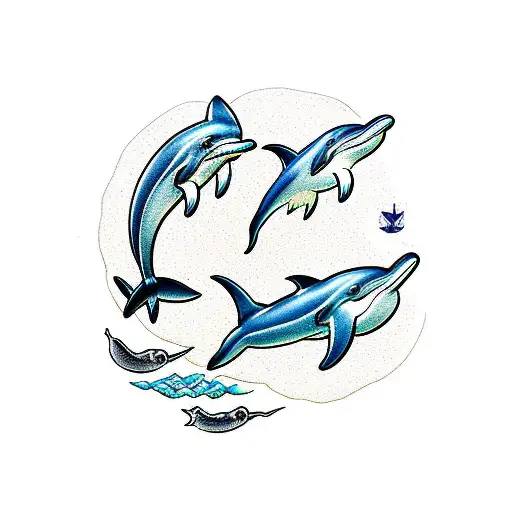 dolphin shark whale swimming together tattoo design idea