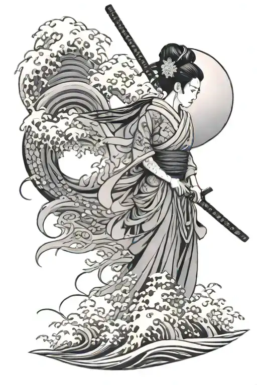 geisha holding a katana, surrounded by sea waves tattoo design idea