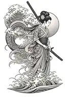 geisha holding a katana, surrounded by sea waves tattoo design idea