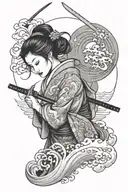 geisha holding a katana, surrounded by sea waves tattoo design idea