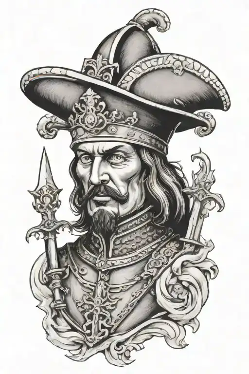 Antique Vlad the Impaler portrait with impaled people in background tattoo design idea