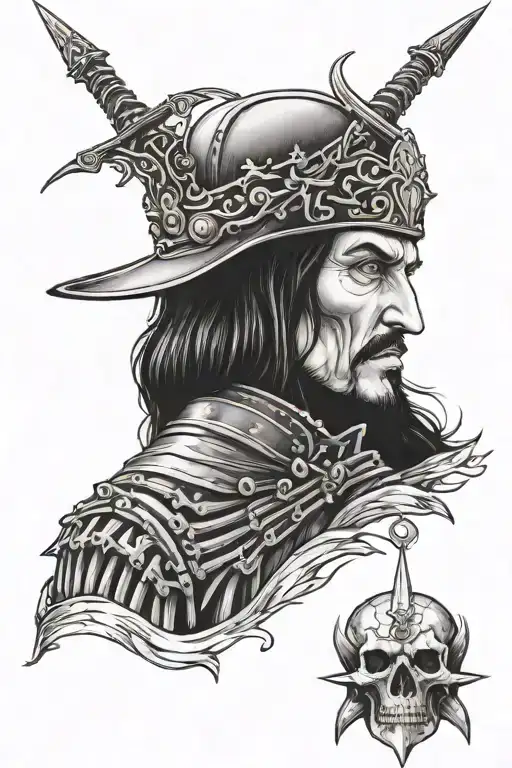 Historically accurate Vlad the Impaler portrait with impaled skeletons in the background  tattoo design idea