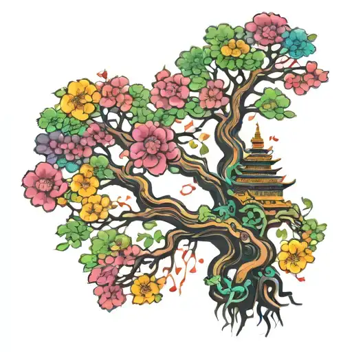 fantastic Buddhist tree with vibrant colours tattoo design idea