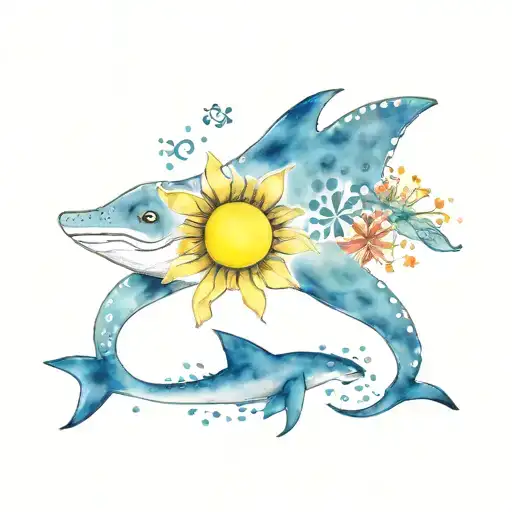 whaleshark and gecko monochrome and single sun flower with Ukrainian flag color tattoo design idea