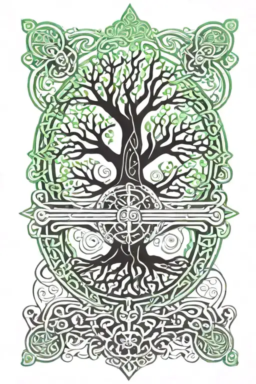 An intricate tree of life design with Celtic and Scottish symbols intertwined tattoo design idea