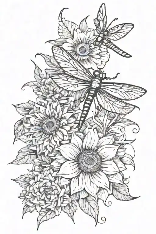 Daffodila, sunflowers, dragonfly, lilly, Marigold, canation, marcissus tattoo design idea