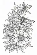 Daffodila, sunflowers, dragonfly, lilly, Marigold, canation, marcissus tattoo design idea